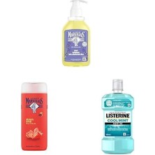 Esmo Home Le Petit Marseillais El Yıkama Jeli (Saf Sabun & Lavanta 300 Ml) + Duş Jeli (Organik Akdeniz Çileği Le Petit Marseillais 400 Ml) + Listerine Mint Ağız Bakım Ürünü (Hafif Tat, 500 Ml)
