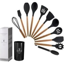 Esmo Home Silikon Spatula Mutfak Gereçleri Seti, 12 Parça, Ahşap Saplı, Siyah Kaşıklık Hediyeli