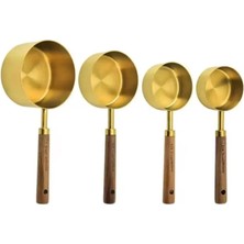 Esmo Home 4 Boy Özel Üretim Ağaç Saplı Paslanmaz Çelik Ölçü Kaşığı Kabı Seti - Lüks Şık Doğal Görünüm, Otantik Altın Renk, 60 ml - 80 ml - 125 ml - 250 ml Ölçülerde