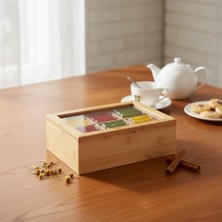 Esmo Home DECONOX%100 Doğal Bambu 6 Bölmeli Çay Kutusu (19X25.5X9 Cm) - Şeffaf Kapaklı Ahşap Poşet Çay ve Kahve Köşesi Düzenleyici