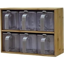 Esmo Home Bambu Standlı 6'lı Baharatlık Seti Takımı Kaşıklı 13 Parça Pratik Saklama Kabı