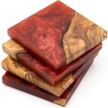 Esmo Home Zeytin Ağacı & Kırmızı Epoksi Bardak Altlığı Seti 4’lü – El Yapımı Ahşap Reçine