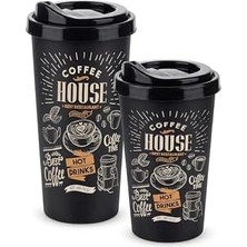 Esmo Home Titiz 2'li Coffee House Desenli Kahve Bardağı Seti (650 ml + 400 Ml) - Kahverengi Şık Tasarımlı Pipetli Bardak Takımı