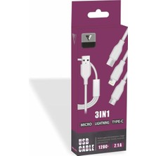 Esmo Home Yetty 3 In 1 2.1A Micro Lightning ile Uyumlu Type-C 1.2m Şarj Kablosu Beyaz Ykb-10
