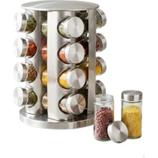 Esmo Home 16’lı Döner Baharatlık Seti – Yuvarlak Metal Tasarım, 360° Dönebilen Stand, Cam Baharat Kavanozları, Paslanmaz Çelik Kapaklı
