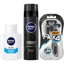 Esmo Home Men Hassas Serinletici Tıraş Sonrası Balsam 100 Ml, Hassas Ciltler, Alkolsüz Formül, Hızlı Emilir + Tıraş Jeli Deep Dimension 200ML + Bıc 4 Erkek Tıraş Bıçağı 3'lü Blister (4 Bıçak)