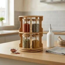Esmo Home Deconox Doğal Bambu 360° Döner Standlı 10'lu Cam Baharatlık Seti - Büyük Boy (250 Ml) Ahşap Kapaklı Baharat Takımı