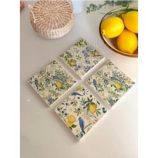 Esmo Home Limon ve Kuş Desenli Doğal Taş Bardak Altlığı 4’lü Set, Yazlık Sunum Ürünü