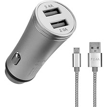 Esmo Home HY-X62 3.4A Hızlı Şarj Micro USB Kablolu 2 USB Metal Araç Şarj Cihazı, Gümüş