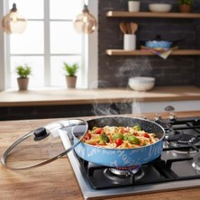 Esmo Home Papilla Domino 30 cm Jumbo Karnıyarık ve Pilav Tenceresi - Mutlu Fırça Mavi/siyah Desenli Yanmaz Yapışmaz Cam Kapaklı Büyük Boy Tencere