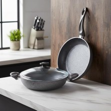 Esmo Home Papilla Argos 3 Parça Karnıyarık Tencere ve Tava Seti - 26 cm Ortak Cam Kapaklı Gri Kırçıl Granit Görünümlü Yanmaz Yapışmaz Takım
