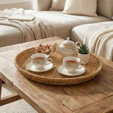 Esmo Home Buffer 40 cm Plastik Rattan Tepsi, Hasır Görünümlü Dekoratif Servis Tepsisi, Mutfak Kahvaltı Sunum Masaüstü Organizer