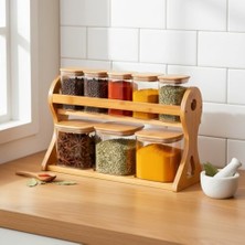 Esmo Home Deconox Doğal Bambu Standlı 8'li Kare Cam Baharatlık Seti - Ahşap Kapaklı Standlı Mutfak Baharat Takımı