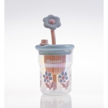 Esmo Home Çiçek Desenli Cam Içecek Bardağı, Çiçek Temalı Pipetli Bardak, Kapaklı,eglenceli ve Dekoratif Tasarım, Mor,pembe,mavi,ve Yeşil Renk Seçenekleri (Mavi)