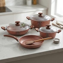 Esmo Home Papilla Optimum Argos 7 Parça Tencere ve Tava Seti - Bakır Kırçıl Renkli Yanmaz Yapışmaz Çeyiz Paketi Cam Kapaklı (20/24/26 cm Tencere + 26 cm Tava)