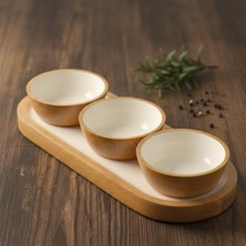 Esmo Home Deconox Mango Ağacı Standlı 3'lü Kase Seti - Içi Emaye Kaplama Doğal Ahşap Çerezlik ve Sosluk - 30 cm Sunum Tepsili Dekoratif Set (Düz Desen)