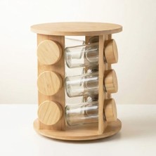 Esmo Home Deconox 360° Döner Standlı 12'li Cam Baharatlık Seti - Yuvarlak ve Kare Seçenekli Bambu Ahşap Kapaklı Baharat Takımı (100 Ml) (Yuvarlak)