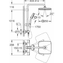 Esmo Home 250 Termostatik Bataryalı Duş Sistemi, 38 Derece Sabit Sıcaklık Ayarı, 1 Akışlı Kare Tepe Duşu, 2 Akışlı El Duşu, 1750MM Duş Hortumu, Duş Başlığı, Krom, 26696001