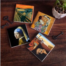 Esmo Home Dalí Belleğin Azmi, Çığlık, Inci Küpeli Kız, Gustav Klimt Aile Kucaklama Taş Bardak Altlığı Seti - 4 Parça - Dekoratif, Rustik Mutfak Aksesuarı, 10X10 Cm, Kaydırmaz Tabanlı SC578