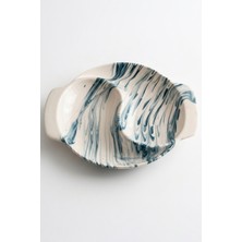 Evcime El Yapımı Iki Bölmeli Seramik Çerezlik - Mermer Desenli Modern Sunumluk - 20 cm - Yeşil Beyaz