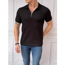 Modefendicom Slim Fit Örme Kumaş Fermuar Detaylı Polo Yaka Tshırt