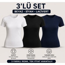 MEYMERS 3’lü Kadın Basic Tişört Seti Slim Fit Esnek Kumaş Günlük Kullanım (Fırsat Seti)