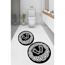PremiumPort Yıkanabilir Kaymaz Taban Ayak Izi Desenli Yuvarlak Banyo Paspası Seti