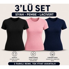 MEYMERS 3’lü Kadın Basic Tişört Seti Slim Fit Esnek Kumaş Günlük Kullanım (Fırsat Seti)