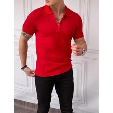 Modefendicom Slim Fit Örme Kumaş Fermuar Detaylı Polo Yaka Tshırt