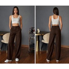 Umut Tekstil Kadın  Yüksek Bel Palazzo Pantolon Pileli Düğme Detaylı Bol Kesim Likralı Kumaş Pantolon