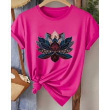Nıgrum Pardus Yeni Sezon Yuvarlak Yaka Lotus Çiçeği Baskılı %100 Pamuk Battal Kadın T-Shirt