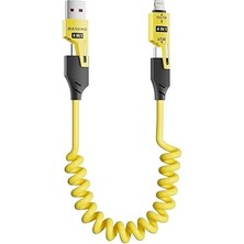 Leaf Shop Spiral Şarj Kablosu 65W Hızlı Şarj - Usb-A Type-C Lightning Çoklu Kablo - Esnek Yay Tasarım - Premium Kalite Çok Fonksiyonlu Data Kablosu (Sarı)