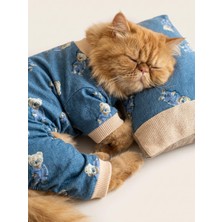 Kemique Teddy Blues Uyku Takımı | Ayıcık Desenli Pamuklu Penye Kedi Tulumu ve Mini Yastık