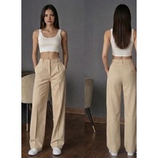 Umut Tekstil Kadın  Yüksek Bel Palazzo Pantolon Pileli Düğme Detaylı Bol Kesim Likralı Kumaş Pantolon