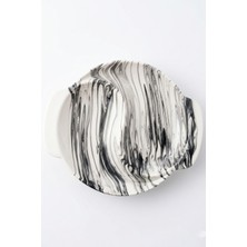 Evcime El Yapımı Iki Bölmeli Seramik Çerezlik - Mermer Desenli Modern Sunumluk - 20 cm - Siyah Beyaz