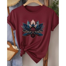 Nıgrum Pardus Yeni Sezon Yuvarlak Yaka Lotus Çiçeği Baskılı %100 Pamuk Battal Kadın T-Shirt