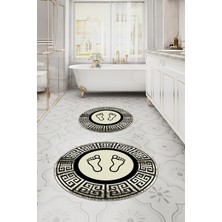 PremiumPort Dijital Yıkanabilir Çerçeveli Ayak Baskılı Yuvarlak Banyo Paspası Seti