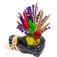 Özgürce El Seramik Saksı, Lavanta ve Kuru Çiçekli Dekoratif Ev Biblo 15-20 cm