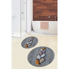 PremiumPort 3D Dijital Kaymaz Ayak Izi Desenli Yuvarlak Banyo Paspası Takımı