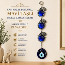 Cam Nazar Boncuklu Mavi Taşlı Metal Zamakişleme 3 Lü Fil Figürlü Duvar Süsü