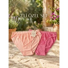 Shine Elagance Pembe ve Somon 2'li Önü Dantelli Arkası Düz %94 Pamuk %6 Elastan Tutku Safir Kadın Külot Çeyizlik