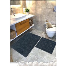 Misda Store Pamuk Dokuma Su Emici Banyo Paspas Seti, Banyo Halısı Çiçek 2 Li Set 60X100-60X50 (Antrasit)