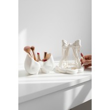 Özgürce Beyaz Fiyonk Tasarımlı Makyaj ve Takı Organizer Seti, 14 cm ve 10 cm Ölçüler