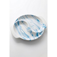 Evcime El Yapımı Iki Bölmeli Seramik Çerezlik - Mermer Desenli Modern Sunumluk - 20 cm - Mavi Beyaz