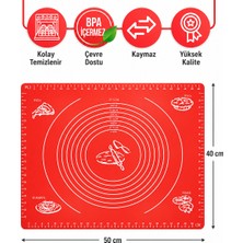 Evolis Kitchen EVOLIS  KİTCHEN1 ADET Kırmızı Ölçülü Silikon Hamur Açma Matı, Pizza Baklava Börek Mantı Kek Hamuru Yoğurma Matı 40CMX50CM