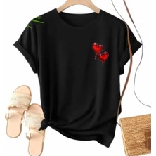 Nıgrum Pardus Büyük Beden Özel Seri Çift Kırmızı Kalp Baskılı %100 Pamuk Kadın Battal T-Shirt