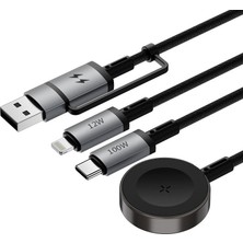 Canpay Akıllı Saat Data ve Çoklu Şarj Kablosu (3in1 100W Pd Type-C ve Usb-A To Lightning Type-C) MacBook iPhone iPad Watch Uyumlu 1.2metre