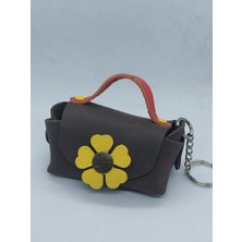 Sorte Store Hakiki  Deri  Kahverengi  Sarı  Çiçek Monteli  El Yapımı  Mini Cüzdan
