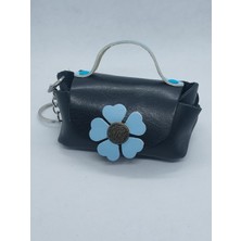 Sorte Store Hakiki  Deri  Siyah Mavi Çiçek Monteli  El  Yapımı  Mini  Cüzdan