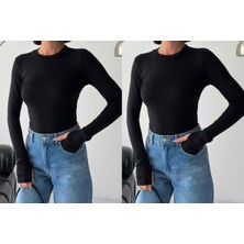 Betnur Kadın Pamuklu Parmak Geçirmeli Bisiklet Yaka Bady Bluz